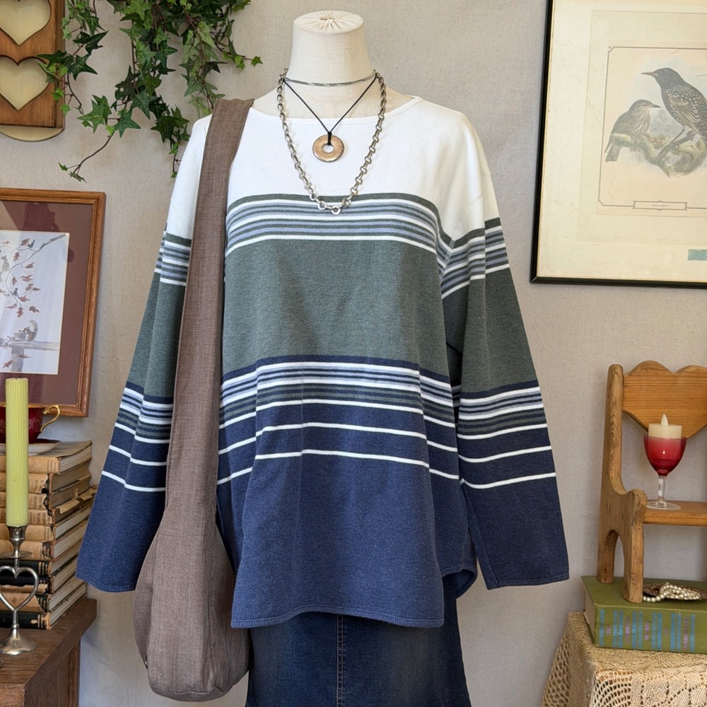 Blue Green Striped Ribbed Sweater Oversized Granola XL Indie Grunge Grandmacore